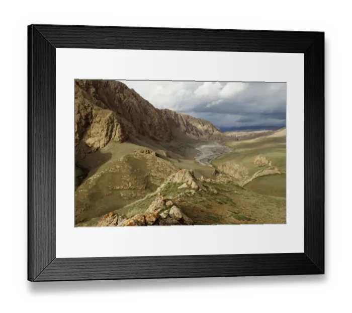 Framed Print : River and floodplain with snow-capped mountains, Pikertyk, Tien Shan Mountains, eastern Framed Print : River and floodplain with snow-capped mountains, Pikertyk, Tien Shan Mountains, eastern