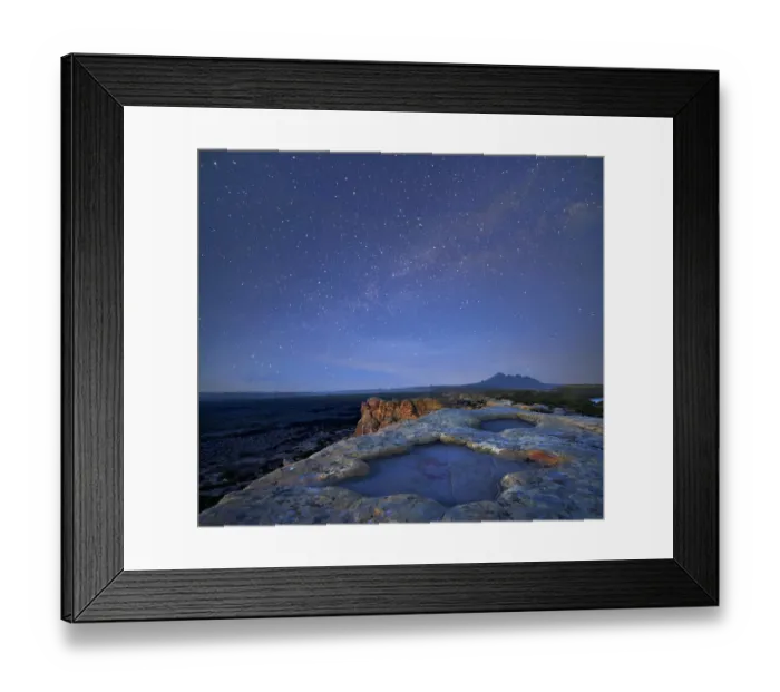 Framed Print : Tinajas in Sandstone Bluffs over looking lava beds at dusk, El Malpais National Monument