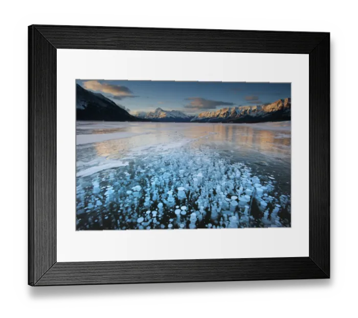 Framed Print : Frozen gas bubbles beneath surface of frozen lake, Abraham Lake, Canadian Rockies Framed Print : Frozen gas bubbles beneath surface of frozen lake, Abraham Lake, Canadian Rockies