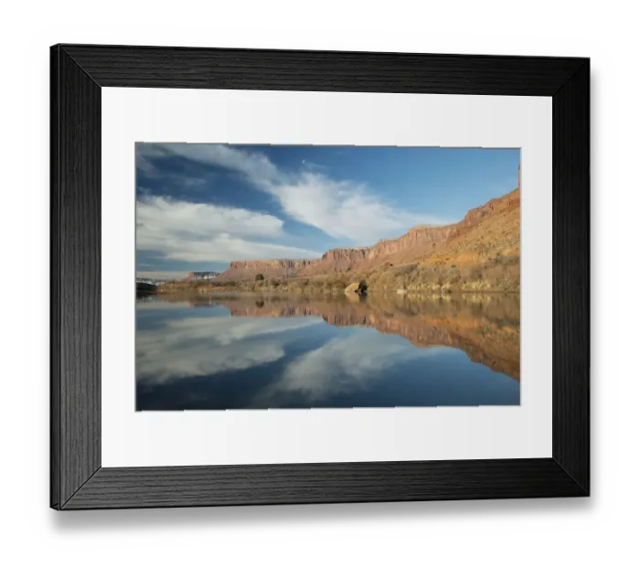 Framed Print : Cliffs reflected in river, Hittle Bottom, Colorado River, near Castle Valley, Utah Framed Print : Cliffs reflected in river, Hittle Bottom, Colorado River, near Castle Valley, Utah