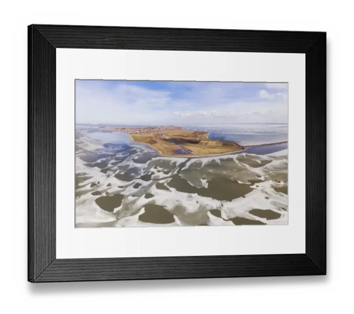 Framed Print : Wide angle aerial view, stitched from several photos, of the island of Marken between Framed Print : Wide angle aerial view, stitched from several photos, of the island of Marken between