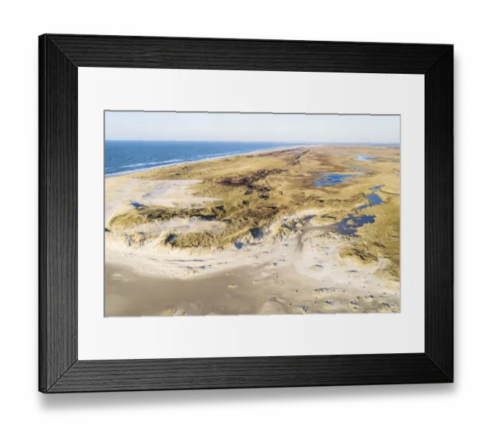 Framed Print : Aerial view of the Slufter Valley and dunes along the North Sea, Texel, Noord-Holland Framed Print : Aerial view of the Slufter Valley and dunes along the North Sea, Texel, Noord-Holland