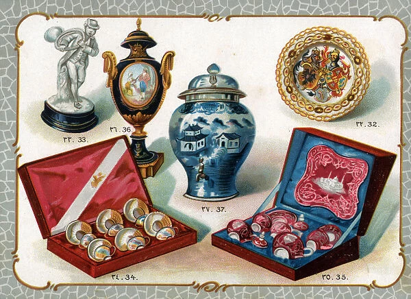 Catalogue illustration, Sevres ornaments, tea set, etc