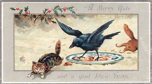 Two cats running from a bird on a New Year card