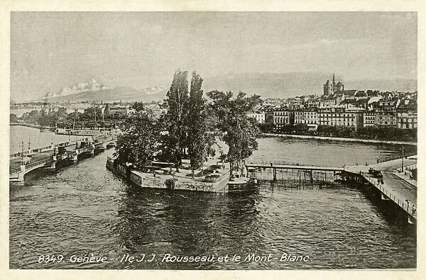 Geneva, Switzerland - Ile J J Rousseau and Mont Blanc