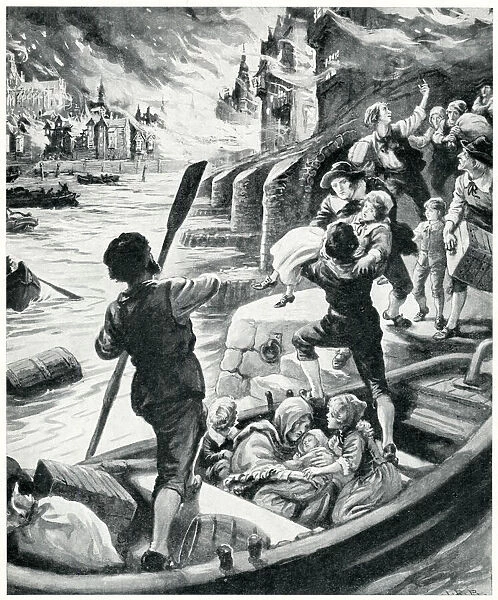 People escaping by boat during the Great Fire of London