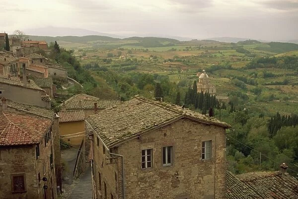 Aerial view over small town and countryside of Tuscany