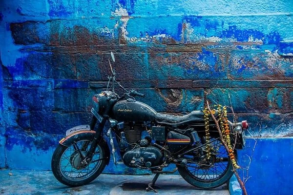 Motorcycle parked on the street of Jodhpur, the Blue City, Rajasthan, India, Asia
