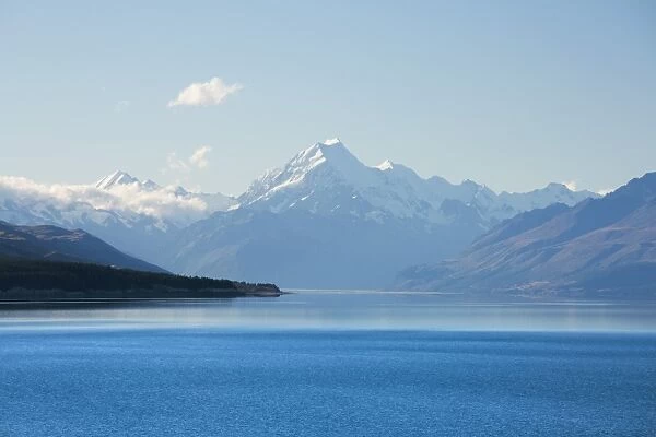 View across tranquil Lake Pukaki to Aoraki (Mount Cook), near Twizel, Mackenzie district