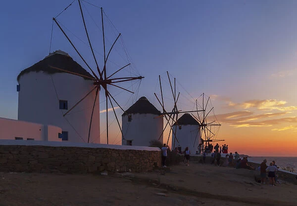 Windmills Kato Mili at sunset, Mykonos Town, Mykonos, Cyclades Islands, Greek Islands