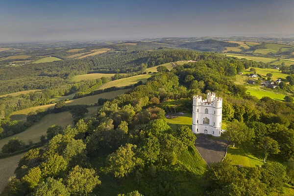 Aerial view of Haldon Belvedere Tower (Lawrence Castle) on a sunny late summer morning