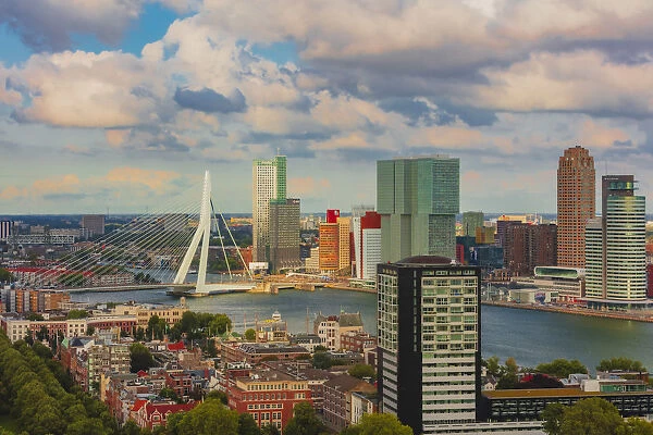 Aerial view of Rotterdam skyline with Erasmus bridge and skyscrapers, Holland  /  Netherlands