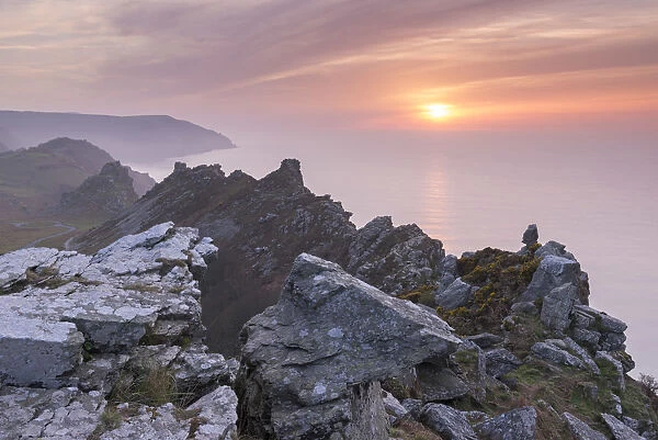 Sunset over the Valley of Rocks in Exmoor National Park, Devon, England