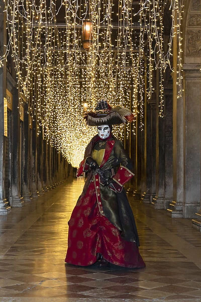 A woman in costume poses in St. Marks square during the Venice Carnival, Venice