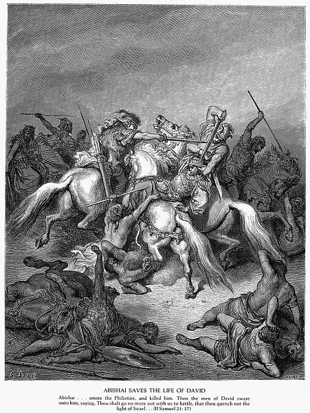 ABISHAI SAVING DAVID. Abishai saving Davids life during a battle with the Philistines (2 Samuel 21: 17). Wood engraving, 19th century, after Gustave Dor