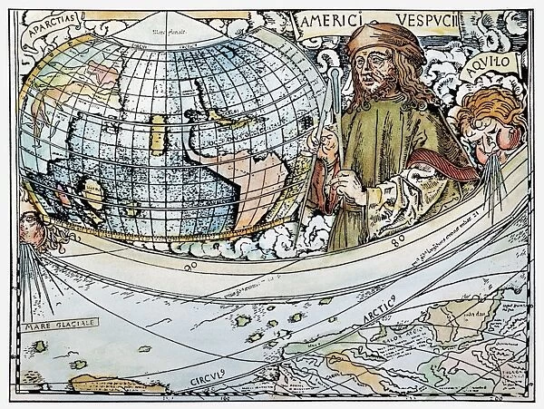 AMERIGO VESPUCCI (1454-1512). Detail from map of the world and account of Vespuccis voyage