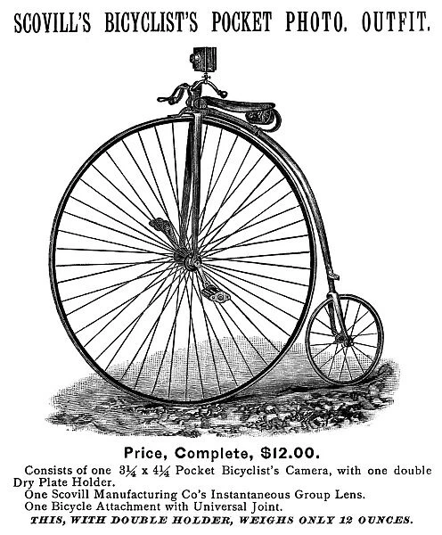 BICYCLE CAMERA AD, 1887. American newspaper advertisement for a bicycle camera, 1887