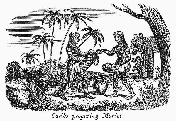 CARIBS: MANIOC. Carib Indians preparing manioc. Line engraving, 19th century