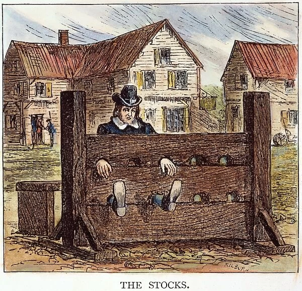 COLONIAL STOCKS. A malefactor in the stocks for punishment in colonial America: wood engraving