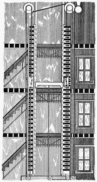 FREIGHT ELEVATOR, 1876. Freight elevator with safety catch feature. Line engraving, American, 1876
