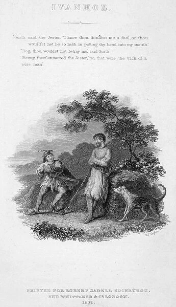 Gurth and the Jester from Sir Walter Scotts Ivanhoe. Steel engraving, English, 1832