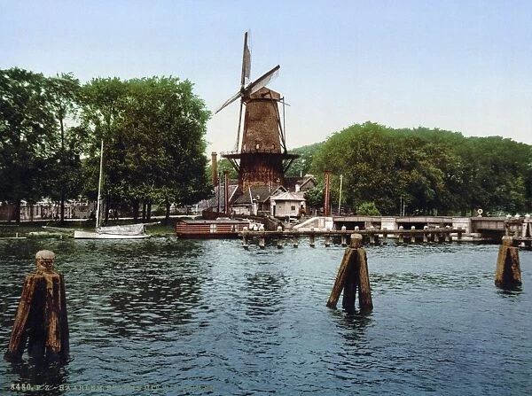 HOLLAND: WINDMILL. View of Spaarne and windmill in Haarlem, Holland. Photochrome print