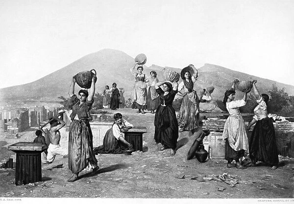 POMPEII: EXCAVATION. Excavators at Pompeii, Italy. Photogravure, late 19th century