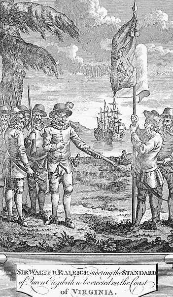 ROANOKE FOUNDING, 1587. The founding of the English colony at Roanoke Island in 1587. Contrary to the engraved legend, Sir Walter Raleigh, though the promoter of the expedition, remained home in England. English engraving, 18th century