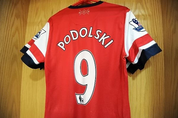 Lukas Podolski shirt in the changingroom. Arsenal 6: 1 Southampton. Barclays Premier League