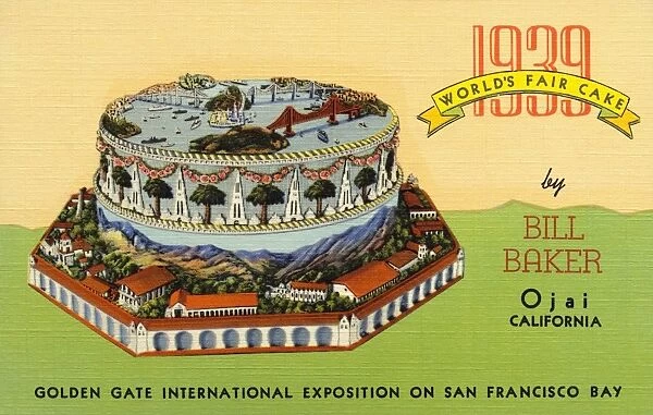 1939 Worlds Fair Cake. ca. 1939, 1939 WORLDs FAIR CAKE by BILL BAKER, Ojai CALIFORNIA. GOLDEN GATE INTERNATIONAL EXPOSITION ON SAN FRANCISCO BAY. 1000-Pound California Fruit Cake. A presentation to the Golden Gate International Exposition in honor of the Baking Industry. Made from California products only and from the same recipe as the cake sent from California to President and Mrs. Roosevelt each Christmas. The decorations, made entirely of sugar and certified pure food coloring took one year to make. The dimensions of the cake: 5 feet on the base, 3 feet high and 3 feet across on top of the cake. Designed, baked and decorated by BILL BAKER of the SOYA AND LIMA BEAN BAKERY, OJAI, CALIF. Ask your grocer or send for Soya or Lima Beacn literature