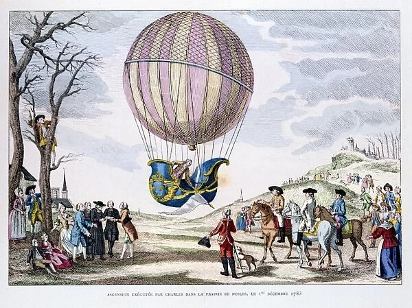 Ascent made by J. A. Charles (1745-1822) in a hydrogen balloon in the plain of Nesle