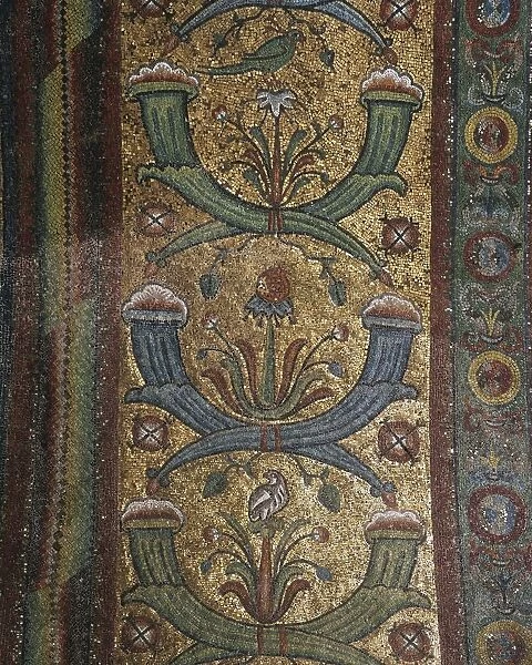 Italy, Emilia Romagna Region, mosaic of decorations with twisted cornucopias, flowers and birds