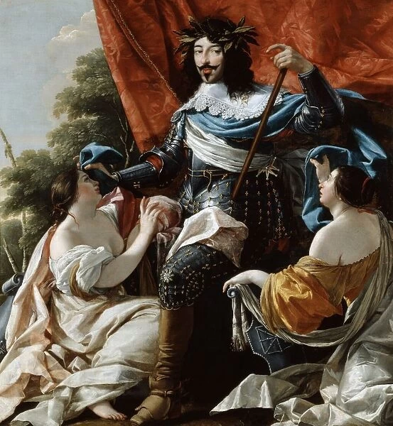 Louis XIII between female figures representing France and Navarre. Oil on canvas by Simon Vouet