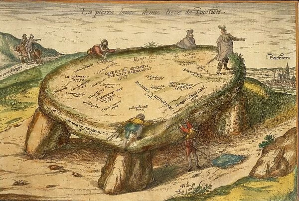 Poitiers, France, dolmen with artists names engraved on from Civitates Orbis Terrarum by Georg Braun, 1541-1622 and Franz Hogenberg, 1540-1590, engraving