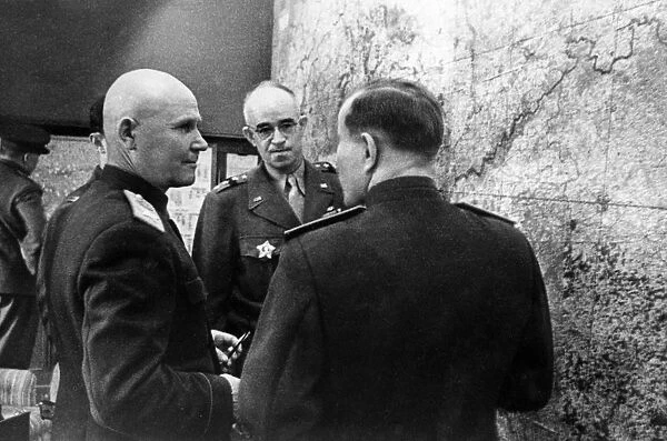 World war 2, marshal of the soviet union, ivan konev (konyev), commander of the troops of the first ukrainian front, confering with american general omar bradley in 1945