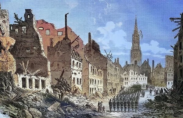 The street Steinstrasse in Strassburg after the capitulation, illustrated war chronicle in 1870-1871, illustrated war history, German, French war 1870-1871, Germany, France
