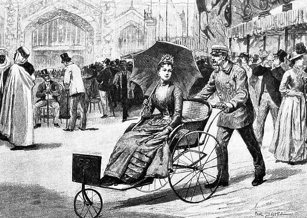 World exhibition Paris 1889 - Champ de Mars, man pushing a woman in a wheelchair taxi