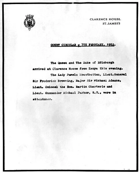 7 February 1952 The first Court Circular from Clarence House, St. James mentioning