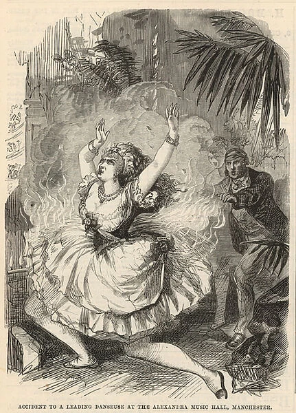 Accident to a leading danseuse at the Alexandra Music Hall, Manchester (engraving)