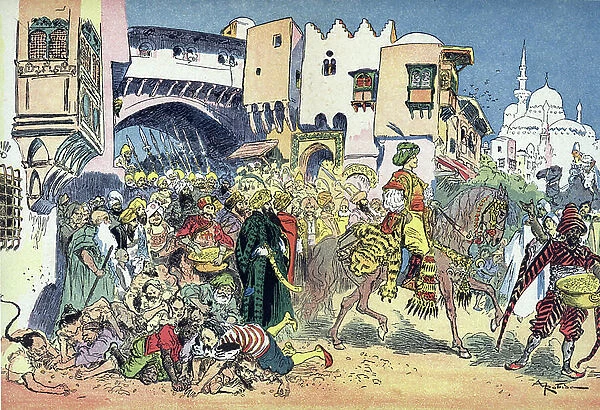 Aladdin riding through the streets of the city and throwing money aroud him Illustration by Albert Robida (1848-1926) for the tale 'Aladin and the wonderful lamp' in ' les mille et une nuits"