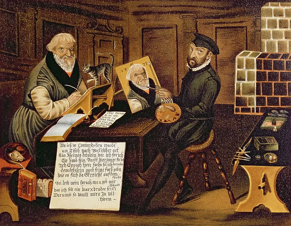The artist at work painting Hans Sachs (1494-1576) (colour litho)