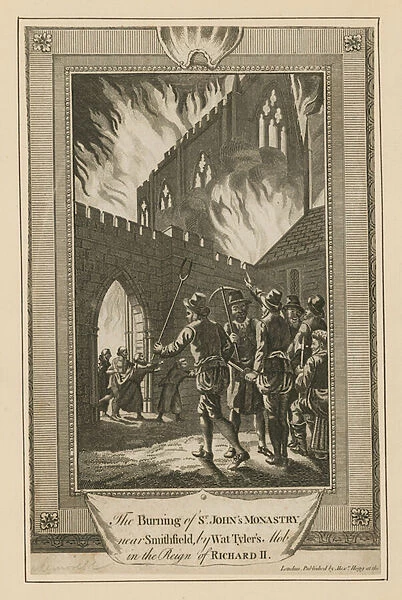 The burning of St Johns Monastery near Smithfield by Wat Tylers mob (engraving)