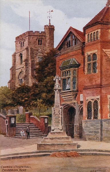 Church and Town Hall, Cranbrook, Kent (colour litho)