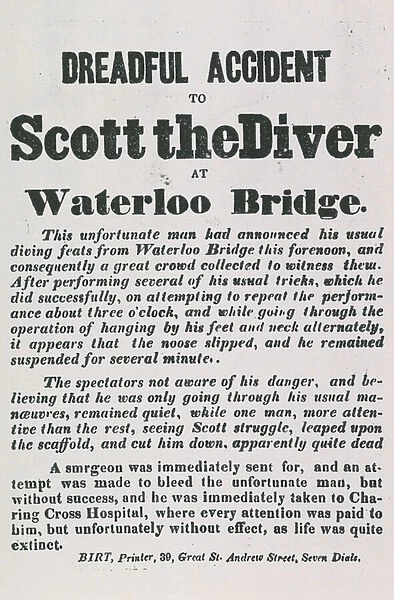 Dreadul accident of Scott the Diver at Waterloo Bridge (engraving)