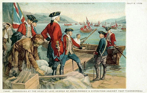 Embarking at the head of Lake George of Abercrombies expedition against Fort Ticonderoga (colour litho)
