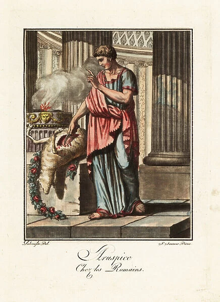 Haruspex reading the entrails of a sacrificed sheep, ancient Rom 1796 (engraving)