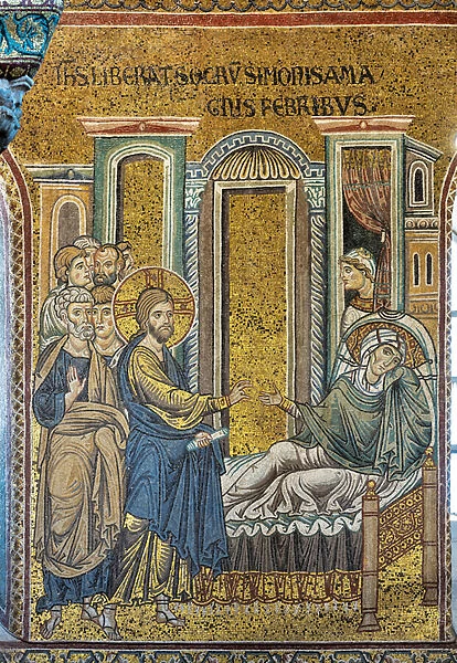 Jesus healing Simons mother in law from fever, Byzantine mosaic, Episodes from the life of Christ, XII-XIII centuries (mosaic)