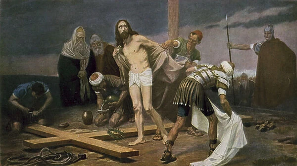 Jesus is stripped of his clothes before his crucifixion (colour litho)