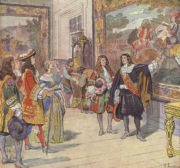 King Louis XIV visiting a furniture and tapestry factory established by his Chief Minister, Jean-Baptiste Colbert (colour litho)