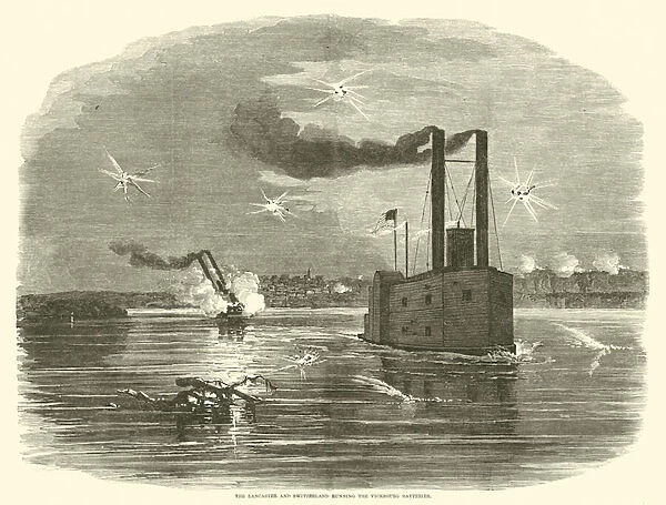 The Lancaster and Switzerland running the Vicksburg Batteries, March 1863 (engraving)